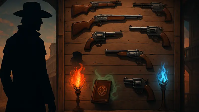Изображение оружия и заклинаний из игры Far Far West с элементами тир-листа