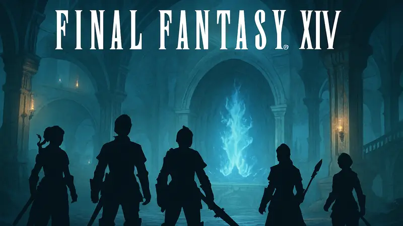 Логотип Final Fantasy 14 на фоне игровой сцены с группой Воинов Света в рейде.