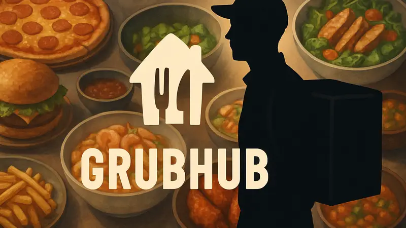 Логотип Grubhub на фоне аппетитных блюд, символизирующий доставку еды без комиссий.