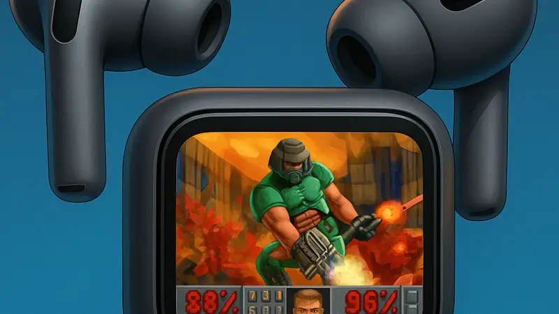 Изображение запуска игры Doom на беспроводных наушниках с маленьким экраном и интерфейсом