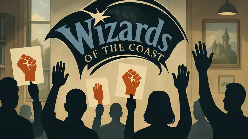 Логотип Wizards of the Coast на фоне изображения сотрудников, голосующих за или против профсоюза