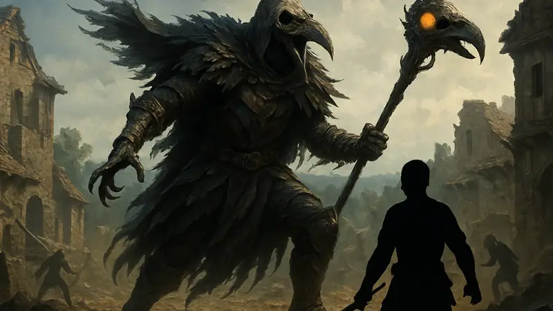 Скриншот босса Crowcaller из игры Crimson Desert в боевой позе, иллюстрирующий гайд.