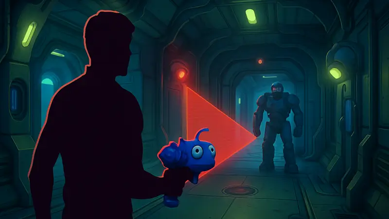 Скриншот из игры High on Life 2, показывающий персонажа в футуристическом коридоре с охранными системами Зала H.