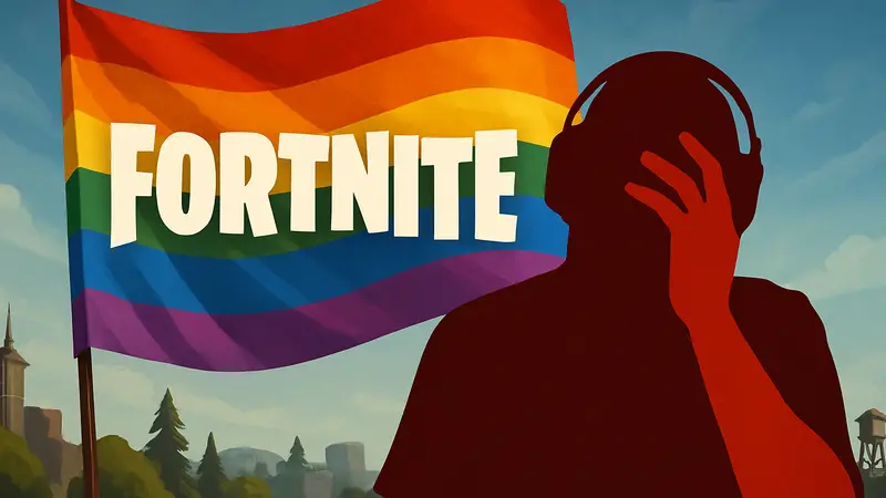 Логотип Fortnite на фоне радужных флагов и силуэт стримера TheBurntPeanut, символизирующий скандал.