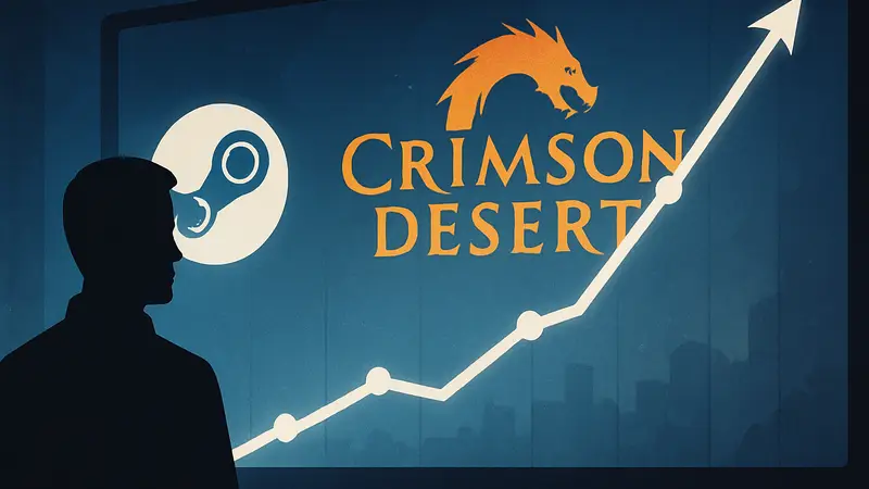 Логотип Crimson Desert на фоне Steam с растущим графиком рейтинга игры