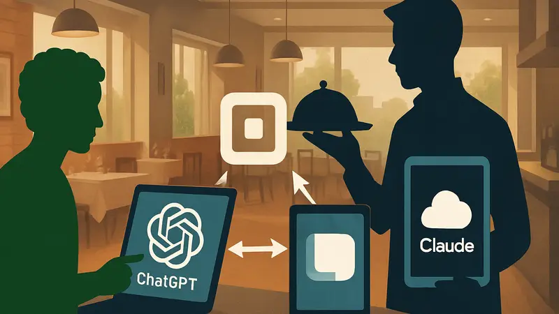 Схема интеграции Square с ChatGPT и Claude для заказа еды в ресторанах