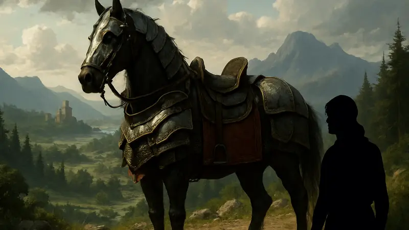Лошадь в броне из игры Crimson Desert, на фоне фэнтезийного пейзажа.
