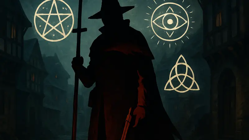 Обложка игры WITCHHUNTER.exe с изображением мрачного охотника на ведьм и мистических символов.