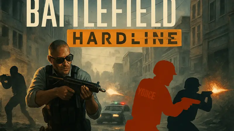 Обложка игры Battlefield Hardline, на фоне солдаты и полицейские в перестрелке.