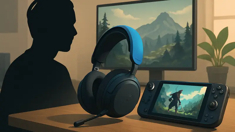 Беспроводная игровая гарнитура SteelSeries Arctis Nova 3X на столе рядом с портативной консолью Steam Deck.
