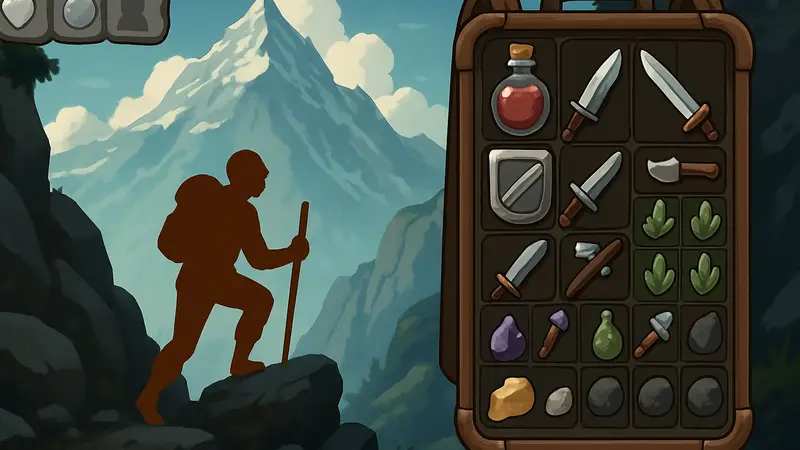 Скриншот из игры Barda: Backpack Roguelike, показывающий процесс восхождения на гору и интерфейс инвентаря.