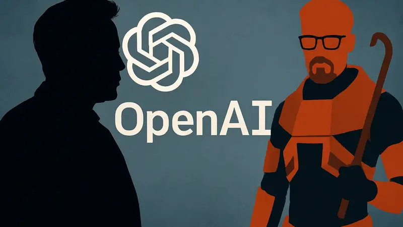Илон Маск на фоне логотипа OpenAI и изображение Гордона Фримена из Half-Life.