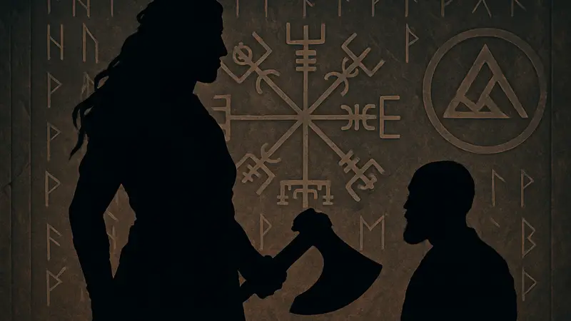 Изображение Фэй из God of War, возможно, с Кратосом или Атреем, на фоне скандинавских рун и символов.