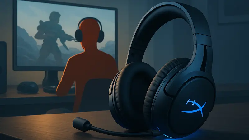 Игровые наушники HyperX Cloud Flight 2 на столе с подсветкой, беспроводная гарнитура