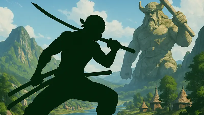 Зоро из One Piece в боевой позе на фоне острова Элбаф