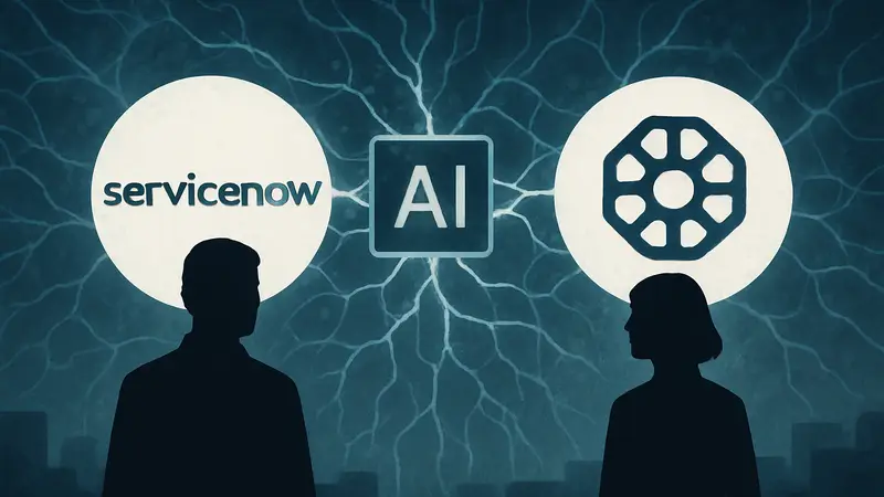 Логотипы компаний ServiceNow и Anthropic, переплетённые символом искусственного интеллекта и нейронных сетей.