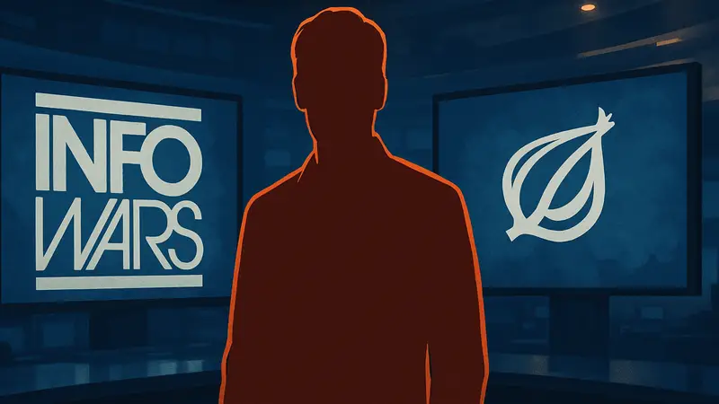 Тим Хайдекер на фоне логотипов Infowars и The Onion, символизирующий смену власти в медиапространстве.