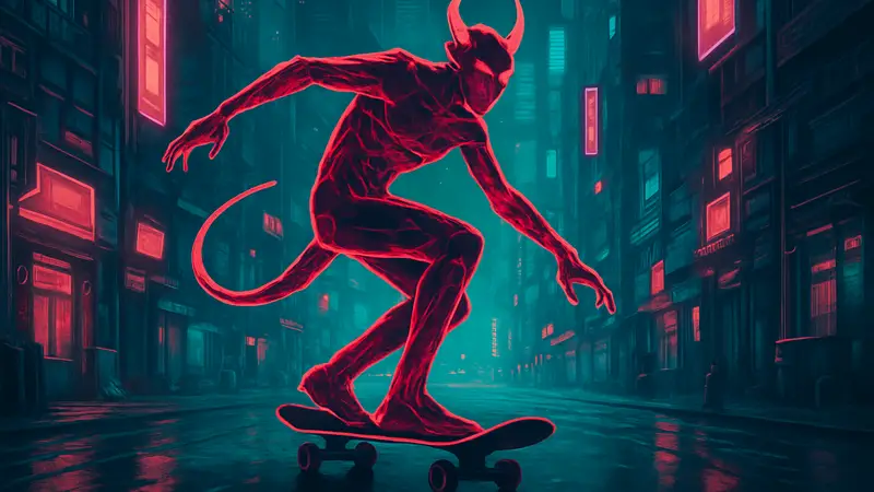 Обложка инди-игры Skate Story: демон из стекла на скейтборде в неоновом городе.