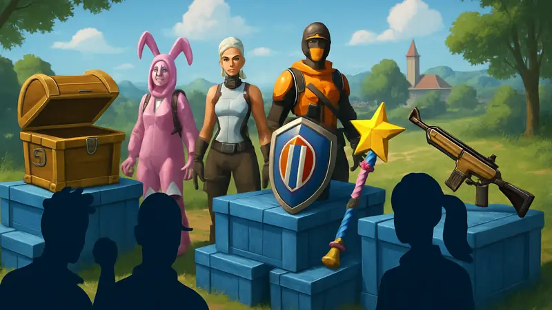 Изображение с бесплатными скинами и предметами Fortnite, готовящимися к раздаче.