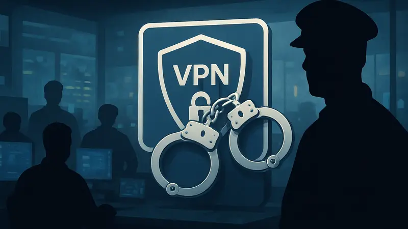 Иконка VPN-сервиса с наручниками, символизирующая его закрытие правоохранительными органами.