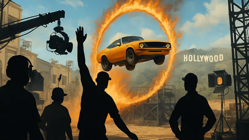 Игровой скриншот Stuntman: Hollywood с автомобилем, выполняющим эффектный трюк на съёмочной площадке.