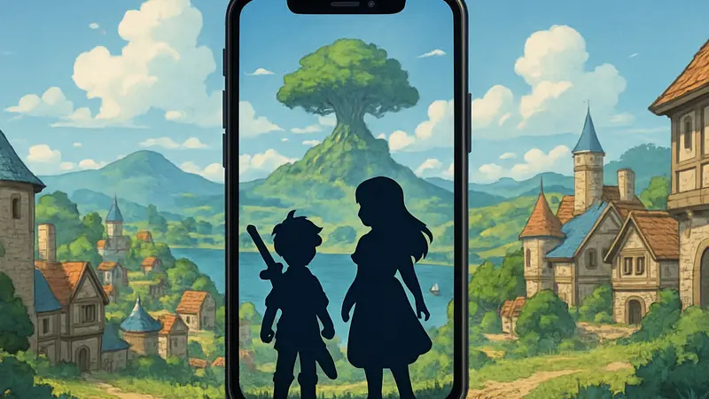 Арт Fantasy Life i: The Girl Who Steals Time, герои в аниме-стиле на мобильном экране.