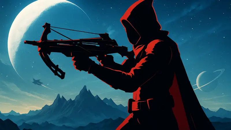 Изображение охотника из Destiny 2, держащего арбалет, на фоне космических пейзажей.