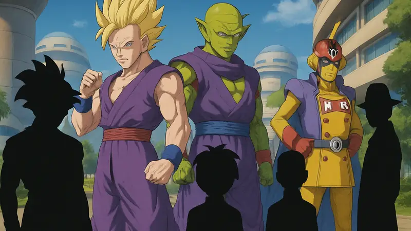 Персонажи Dragon Ball Super: Super Hero на фоне CG-анимации из фильма.