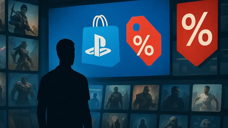 Логотип PlayStation Store, распродажа игр, скидки PS Store, обложки игр