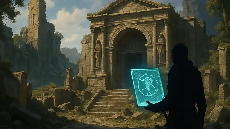 Игровой арт Crimson Desert с изображением Святилища Покаяния и чертежа Куку Пака.