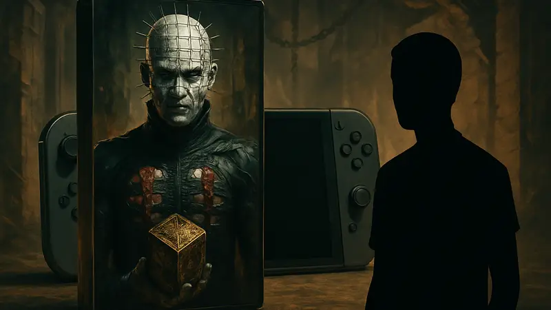 Обложка игры Hellraiser Revival на фоне Nintendo Switch 2, с изображением Пинхеда.