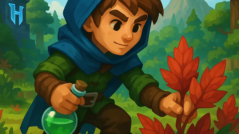 Игрок собирает Кровавые Листья в биоме игры Hytale для создания зелий.