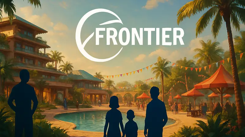 Логотип Frontier Developments на фоне концепт-арта игры Planet Resort или Planet Festival.