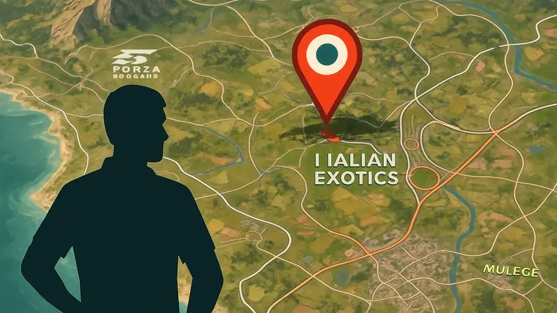 Карта Forza Horizon 6 с маркером, указывающим местоположение дилерского центра Italian Exotics.