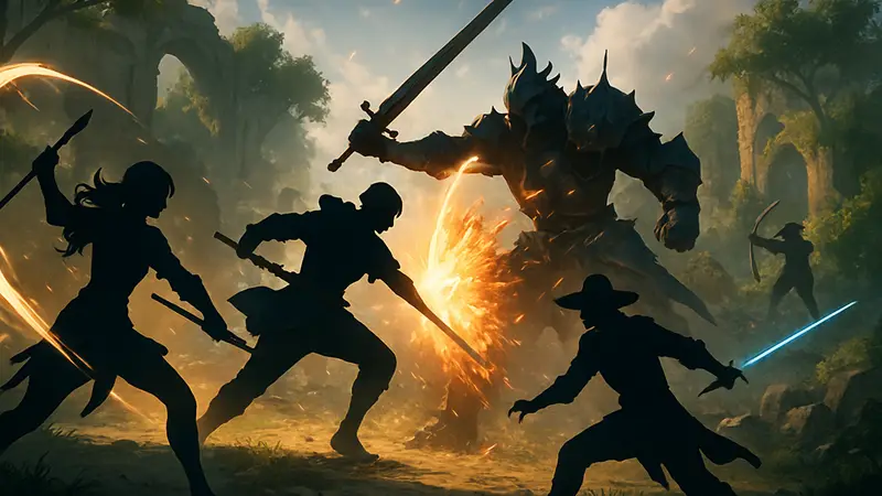 Изображение нескольких фэнтезийных персонажей из корейских RPG в динамичной боевой сцене, яркие спецэффекты.