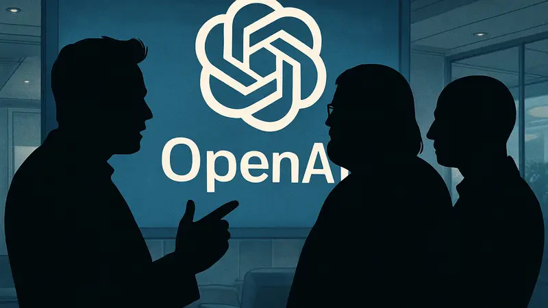 Илон Маск, Гейб Ньюэлл и Джефф Безос на фоне логотипа OpenAI, символизирующие обсуждение лидеров.