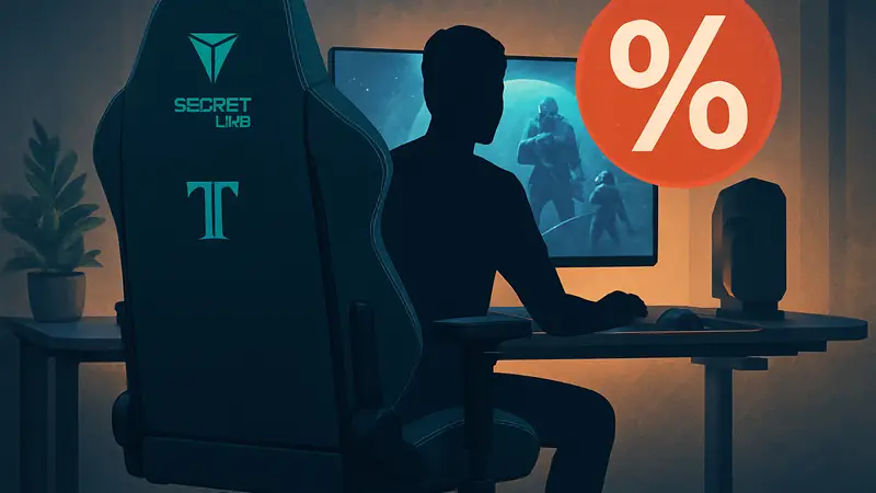 Игровое кресло Secretlab Titan Evo на фоне геймерского сетапа, демонстрирующее скидки в честь праздников.