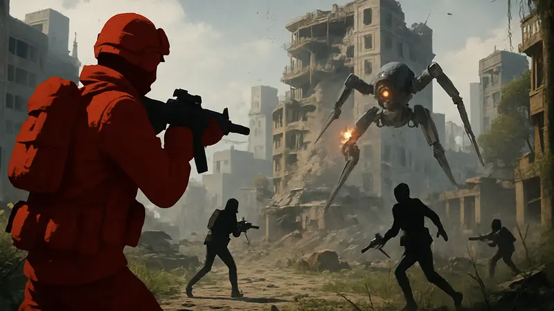 Скриншот из ARC Raiders: игрок выполняет квест «Пробуждение Сети», сражаясь с врагами на фоне разрушенного города.