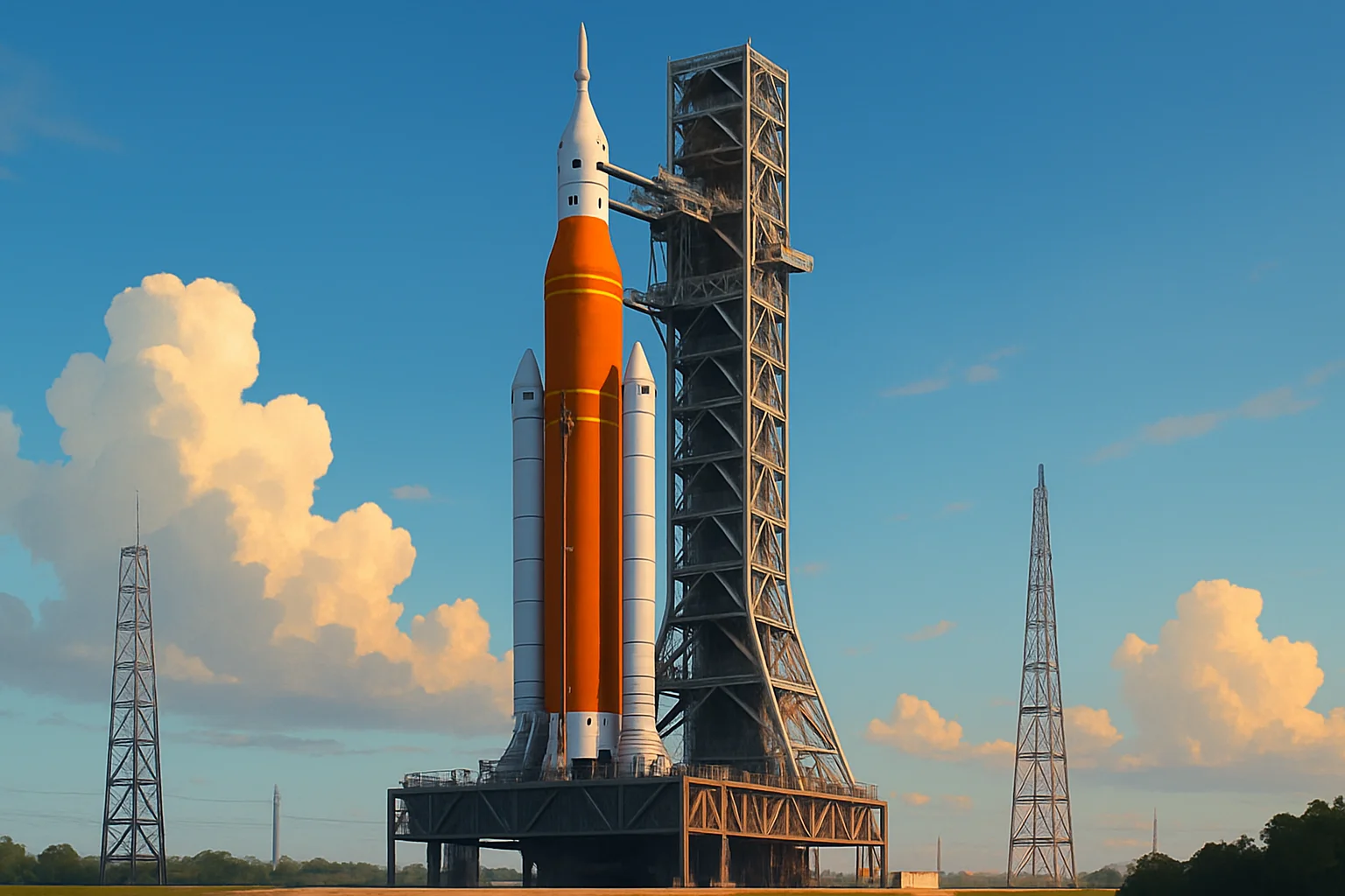 Ракета Space Launch System с кораблем Orion на стартовой площадке Космического центра Кеннеди перед репетицией Artemis 2.