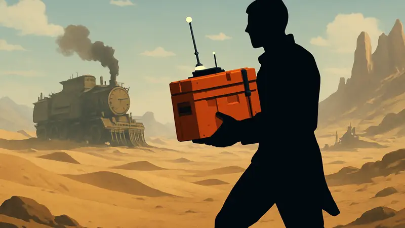 Игровой персонаж несёт ящик с радиомаяком на фоне пустынного пейзажа Sand Raiders of Sophie