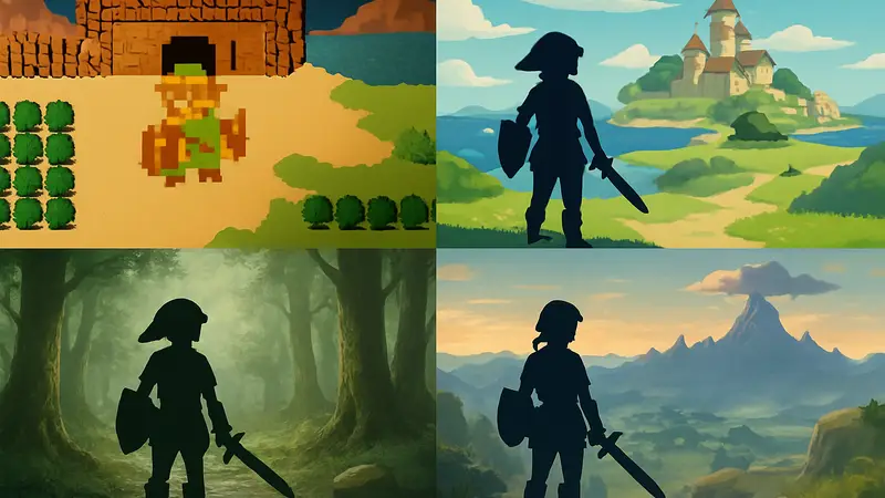 Коллекция скриншотов из разных игр The Legend of Zelda, демонстрирующих эволюцию арт-стилей.