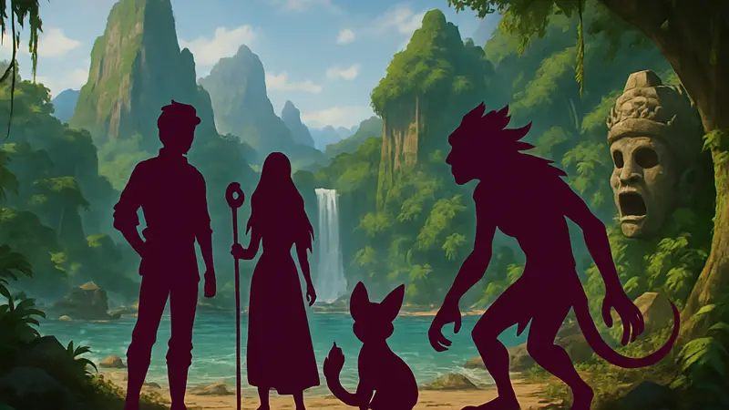 Кадр из трейлера DreamWorks' Forgotten Island с фэнтези-персонажами в экзотической обстановке