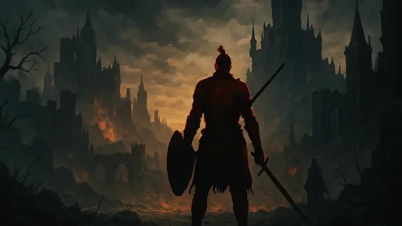 Логотип Dark Souls на фоне мрачного фэнтезийного мира, символизирующий ремейк трилогии.