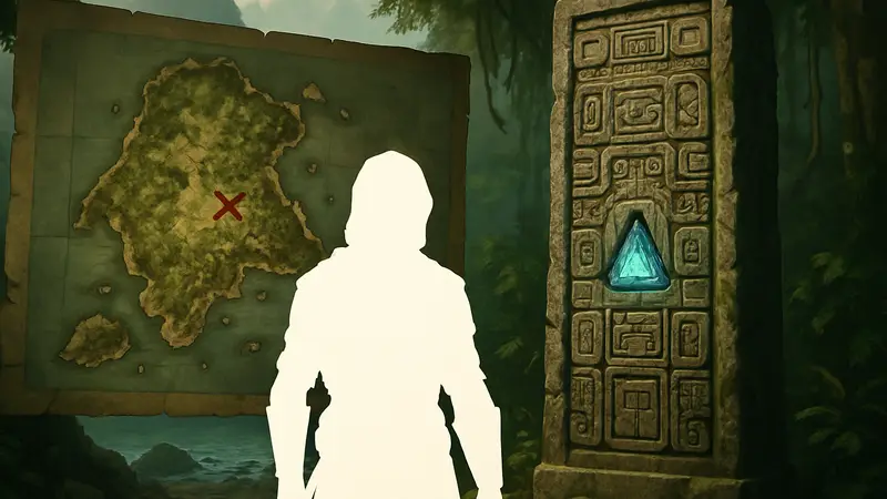 Карта Острова Жертв и фрагмент майянской стелы из Assassin's Creed Black Flag Resynced, показывающие местонахождение головоломки.