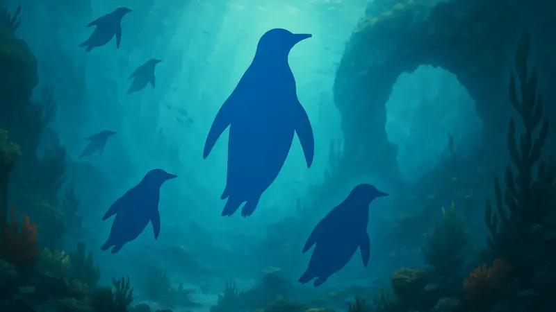 Обложка дополнения «Неизведанные воды» для настольной игры «Экспедиция. Морские глубины»: пингвины в подводном мире.