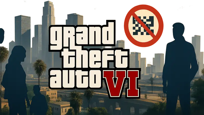 Логотип Grand Theft Auto 6 на фоне города с указанием региональных ограничений кодов