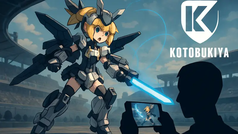 Медабот в стиле Frame Arms Girl сражается в мобильной игре Medabots S, логотип Kotobukiya.