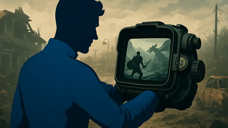 Главный герой Fallout 4 смотрит на Pip-Boy, на экране которого запущен Skyrim.