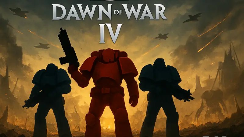 Логотип Warhammer 40,000: Dawn of War IV с космическими пехотинцами на фоне поля боя, дата выхода.