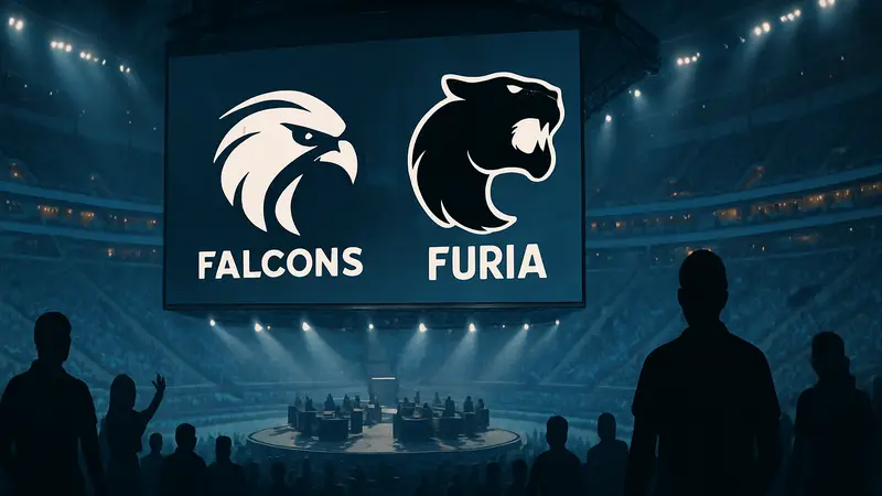 Логотипы киберспортивных команд Falcons и FURIA на фоне арены Astana